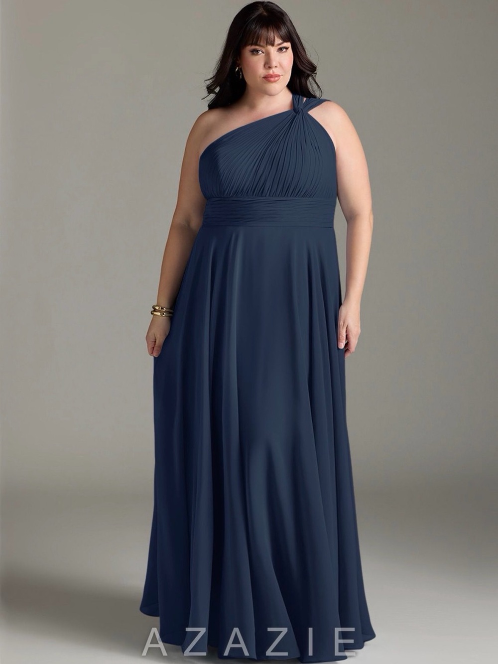 Azazie Navy One-Shoulder Chiffon Gown